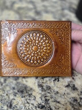 Hand-Tooled Leather Card Wallet in Cognac Brown Mens